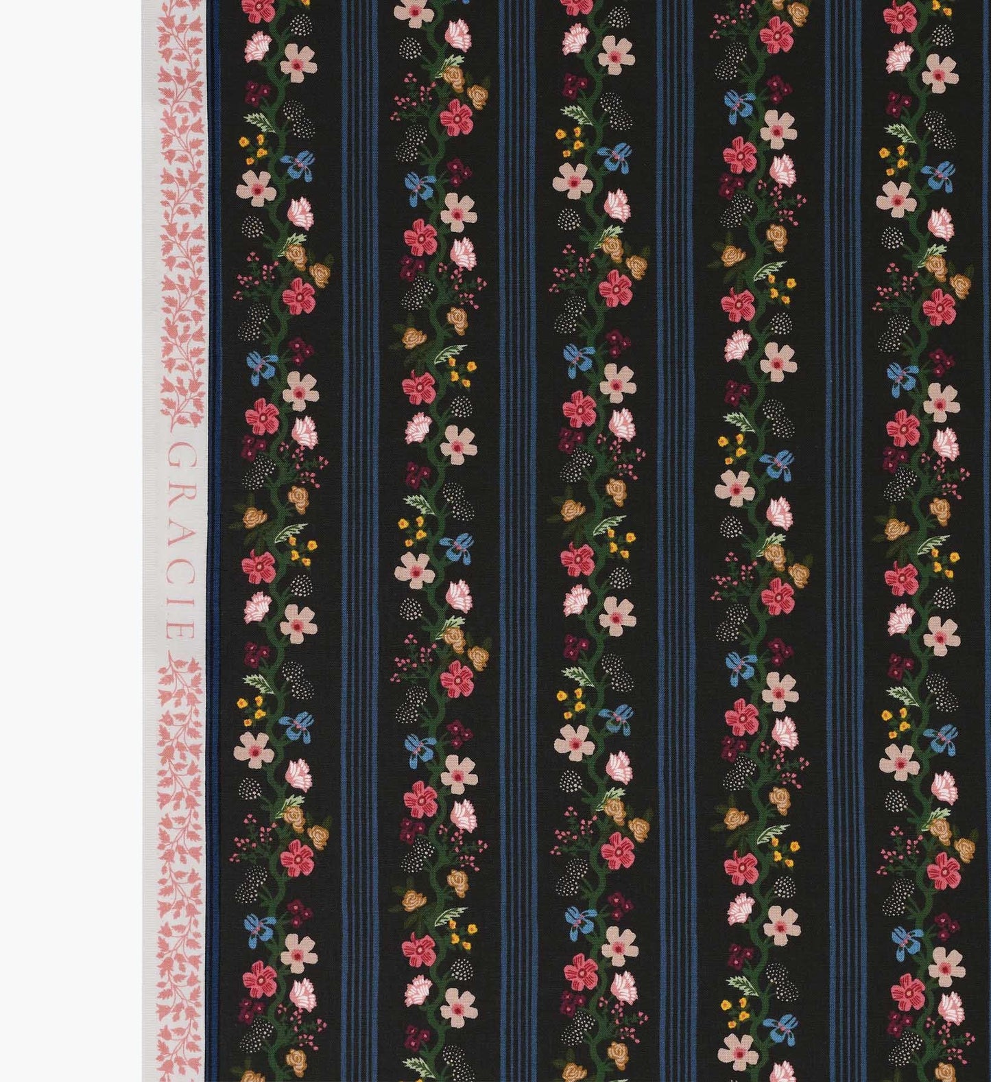 Floral Trellis Stripe Cotton Fabric - Black