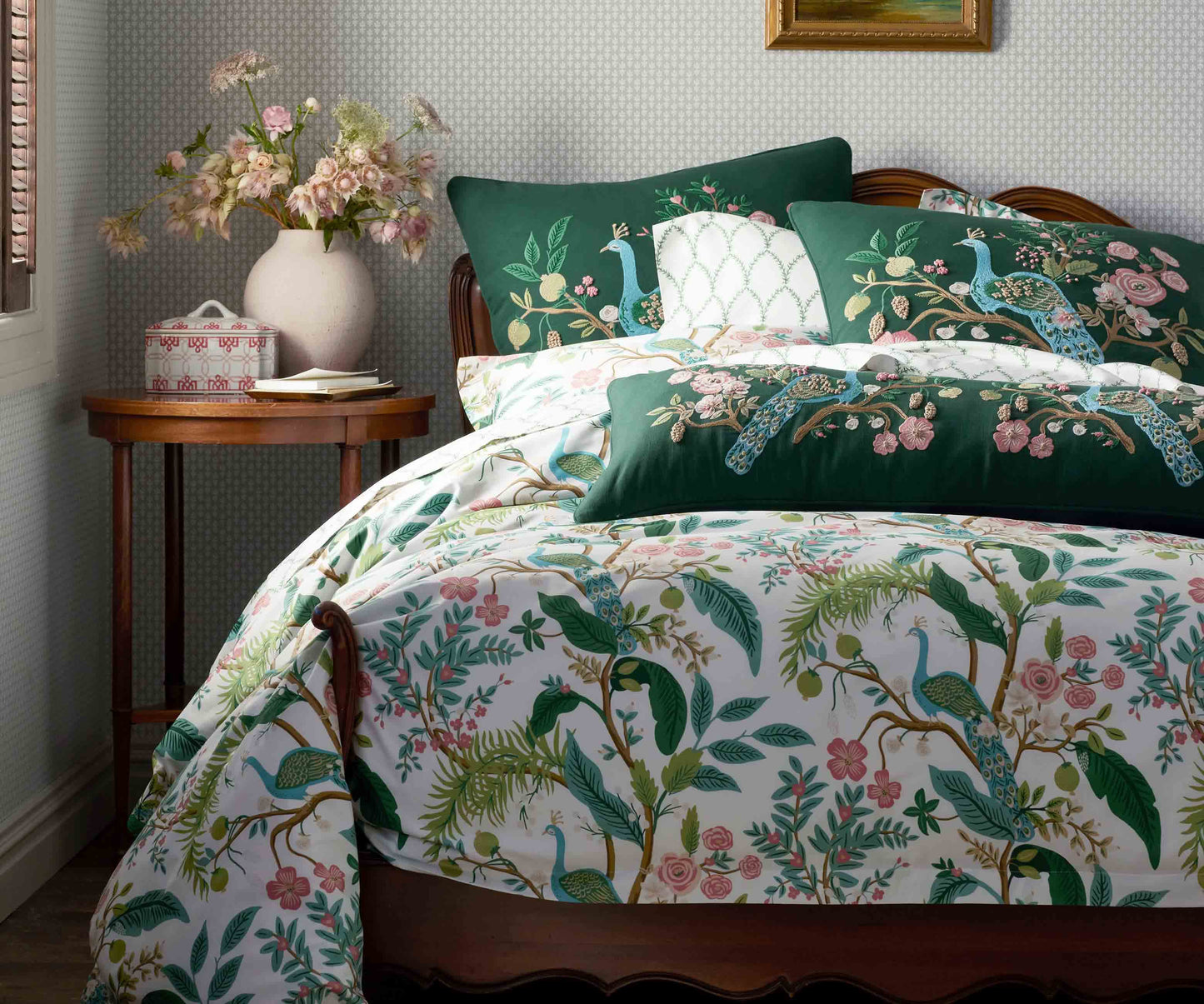 Embroidered Pillow Cover - Peacock Emerald