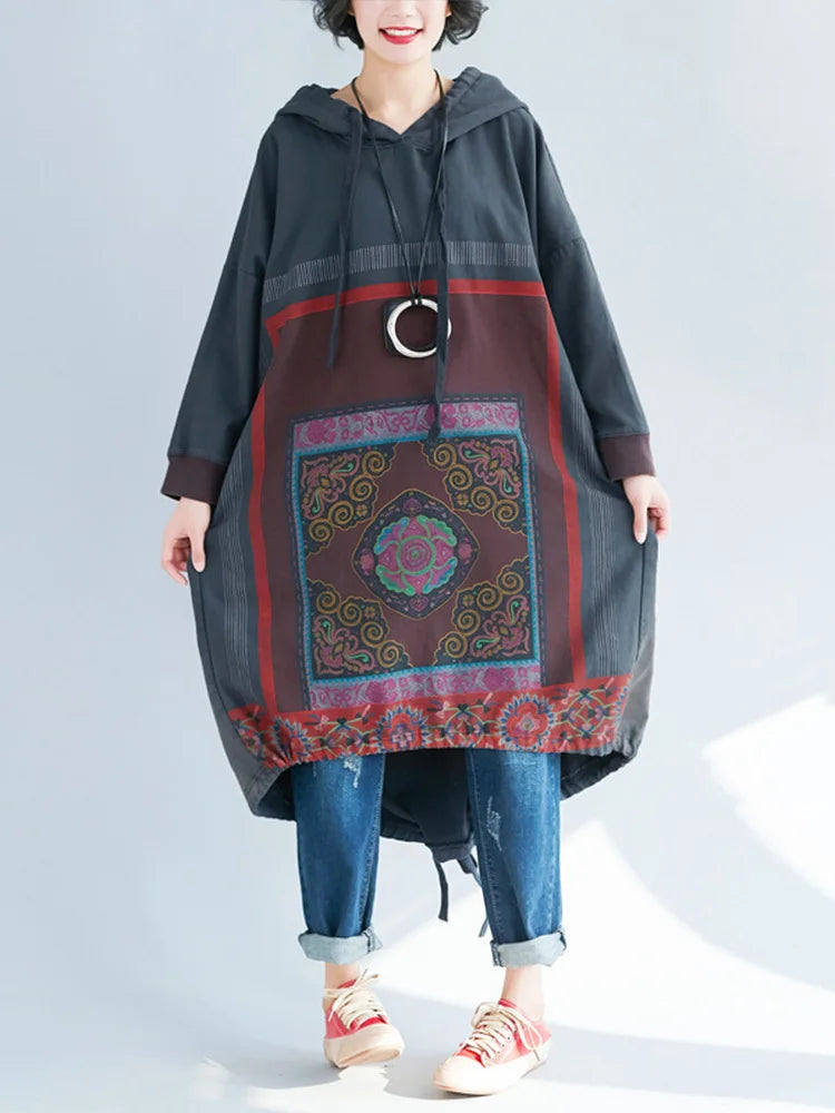 Amax luluE 2024 Autumn Womens Printed Loose Hooded Long Hoodies Fashion Clothes Ladies Luxury Classic Vintage Casual Sweatshirts