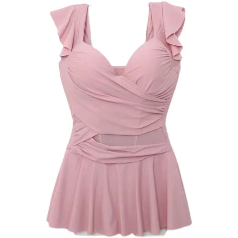 2023 New Fairy Style Thermal Spring One-Piece Swimsuit Belly Covering Slimming Backless Gown Sexy Gathered Casual Swimwear