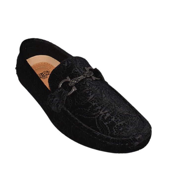 wearing KCT Menswear's Black Velvet Paisley With Buckle Loafer, showcasing a fashionable and unique footwear option for any stylish ensemble.