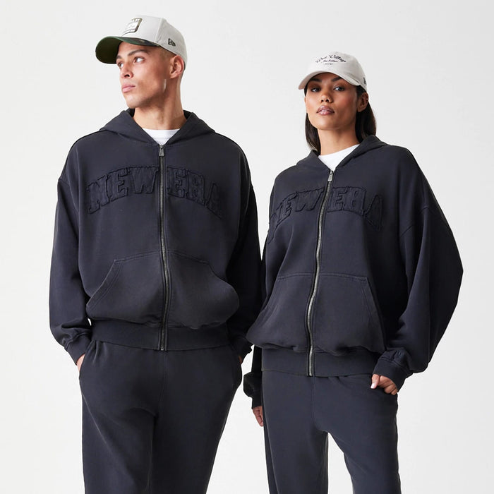 The Male model is wearing New Era Washed Black Oversized Full Zip Hoodie 8