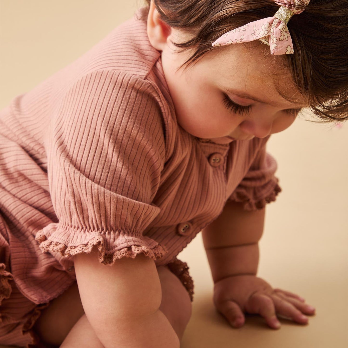 Frilled Ribbed Cardigan & Shorts Outfit - Rose