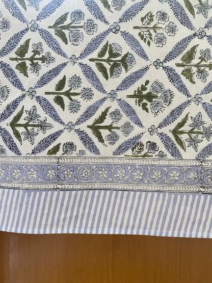 Coastal Blue Hand Block Printed Cotton Modern Tablecloth Dining Table Cover Custom Sizes Party Wedding Home Baby Shower Gift