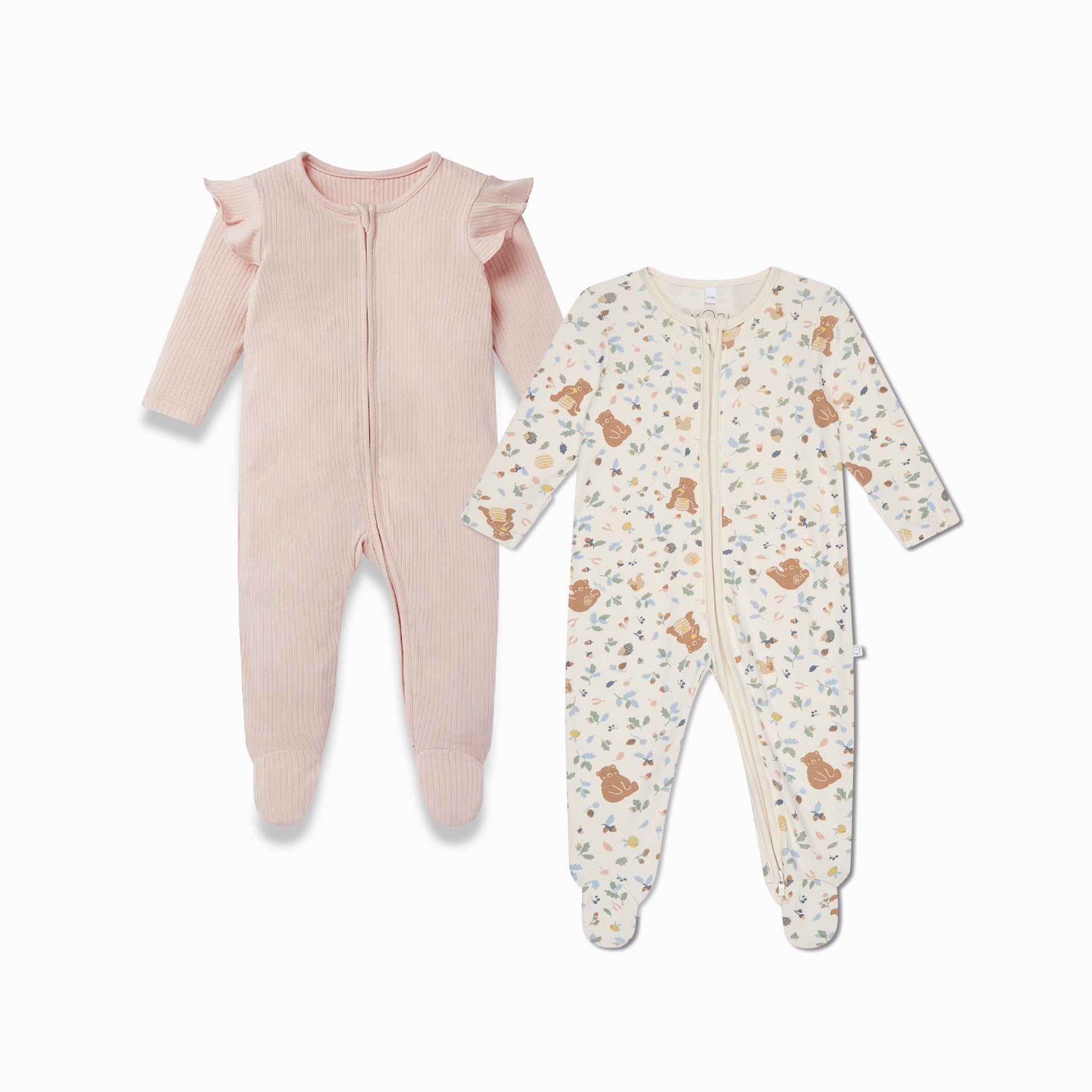 Bear Print & Frilled Ribbed Clever Zip Sleepsuit 2 Pack