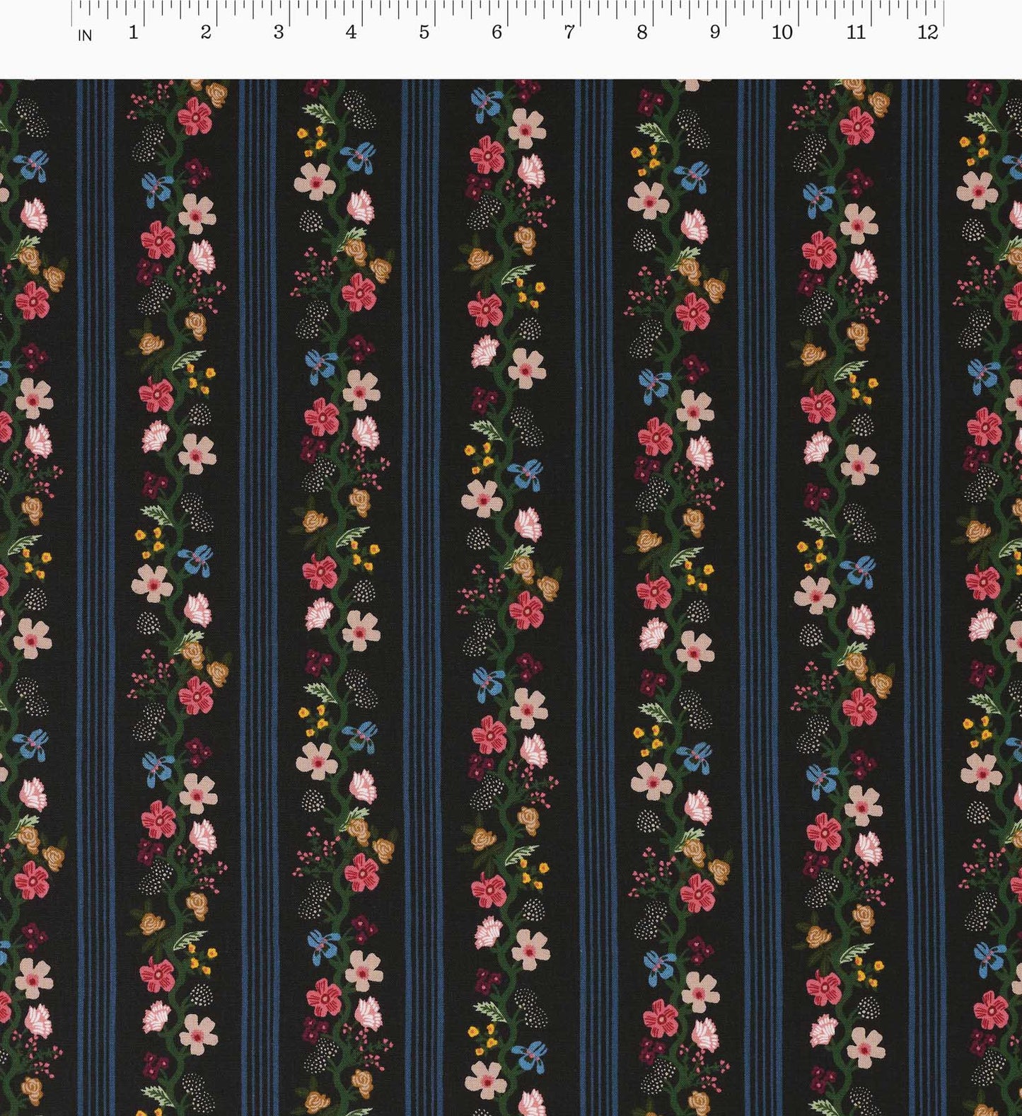 Floral Trellis Stripe Cotton Fabric - Black