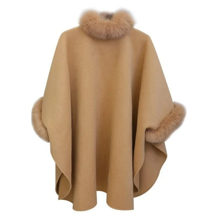 Custom Warm Autumn and Winter Large Fur Collar Mid Length Woolen Coat Cloak Shawl Loose Ladies Women Faux Fur Wool Shawl