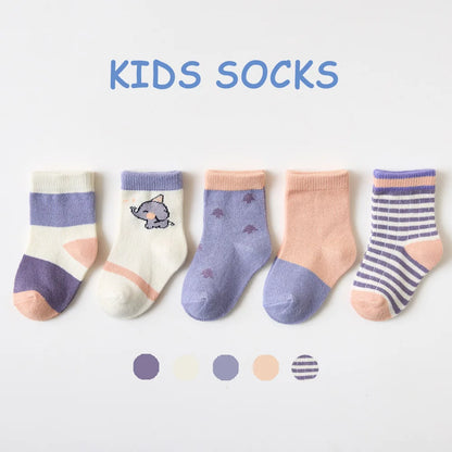5 Pairs/Lot Toddler Socks Newborn Baby Soft Prewalker Spring Cotton Girl Kids Autumn Infant Cartoon Striped Print Sock 0-12Y