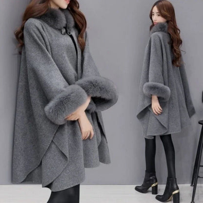 Custom Warm Autumn and Winter Large Fur Collar Mid Length Woolen Coat Cloak Shawl Loose Ladies Women Faux Fur Wool Shawl