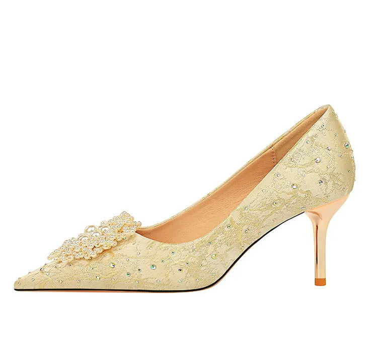 Big Size Diamond Pearl Scarpe Donna Tacco Alto  Luxury White Wedding Heels for Bride Shoes