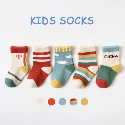 5 Pairs/Lot Toddler Socks Newborn Baby Soft Prewalker Spring Cotton Girl Kids Autumn Infant Cartoon Striped Print Sock 0-12Y