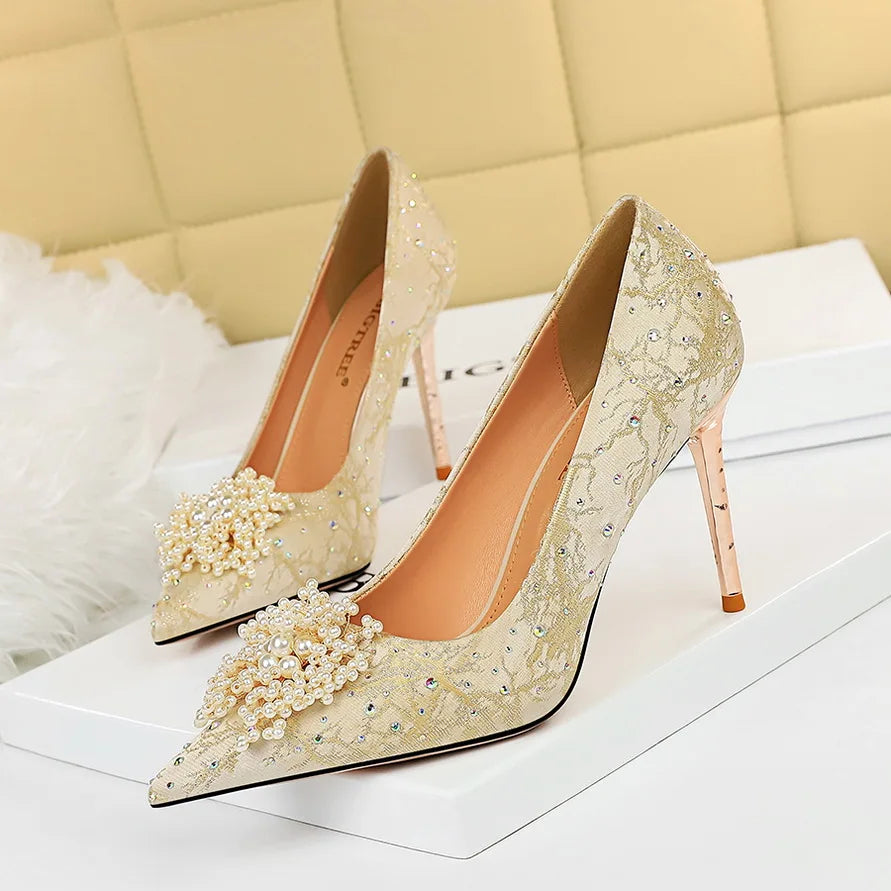 Big Size Diamond Pearl Scarpe Donna Tacco Alto  Luxury White Wedding Heels for Bride Shoes