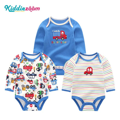 100% Cotton Jumpsuits 3Pieces Newborn Baby Boy Clothes Cartoon Bodysuit Print Long Sleeve Baby Girls Clothes 0-12M Spring Autumn
