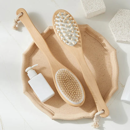 Dual-Sided Long Handle Shower Scrubber Wet & Dry Body Care Exfoliating Brush Dry Brushing with Loofah Sponge Removes Dead Skin