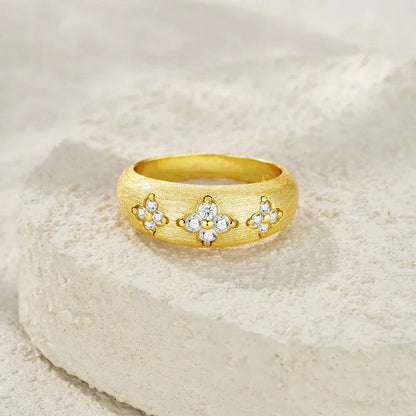 18K Gold Plated Wide Band Ring, Round Moissanite Flower Motif Brushed Finish Statement Stackable Ring for party Daily Wear