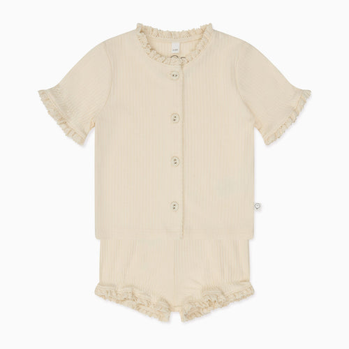 Frilled Ribbed Cardigan & Shorts Outfit - Cream