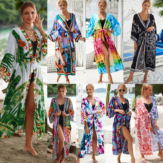 2023 New European and American Cotton Print Beach Jacket Sexy Sun Protection Cardigan Holiday Bikini Overshirt Women