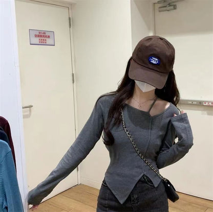 American Style Design Irregular Long-sleeved T-shirt Women's 2024 Spring and Autumn New Slim-fit Slimming Temperament Base Top