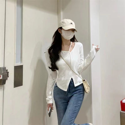 American Style Design Irregular Long-sleeved T-shirt Women's 2024 Spring and Autumn New Slim-fit Slimming Temperament Base Top