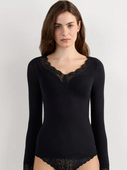 Absobe Long Sleeve Lace Trim T-shirt Women Sexy Low Cut V-Neck Patchwork Versatile Slim Female Top Solid Color Casual Streetwear