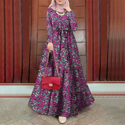 2025 New Muslim Robe Dress Fashion Retro Robe Femme Musulman Printed Long Sleeve Women's Dress