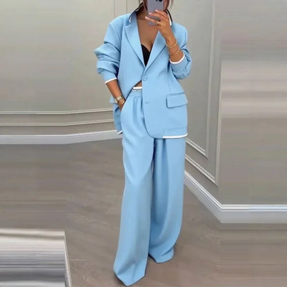 Casual Women's Suit Set Autumn Sexy Turn down Collar Button Blazer & Straight-leg Pants Set Winter Solid Long Sleeve Chic Outfit
