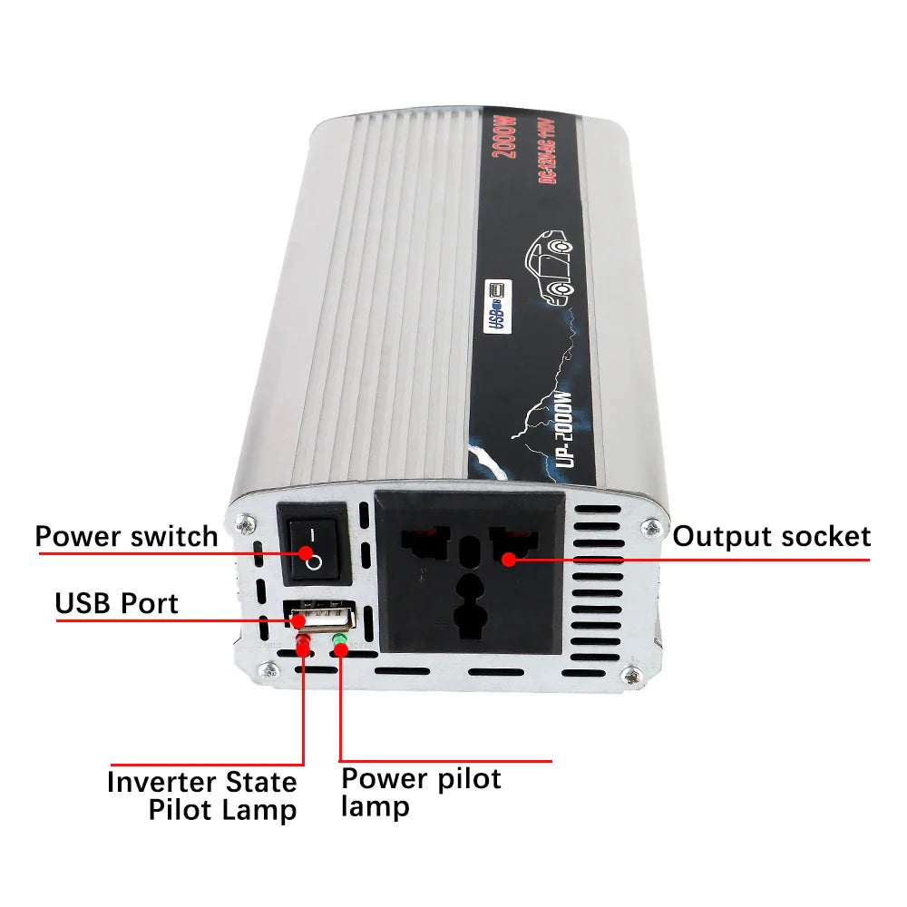 2000W DC/AC Inverter 12V To 110V 220V AC Power Socket With USB Charger Switch Car Inverter Solar Power Storage Battery Converter