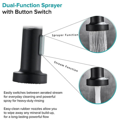 Black kitchen faucet, stainless steel mixer faucet, 360-degree rotating spray nozzle, kitchen sink, hot and cold water faucet.