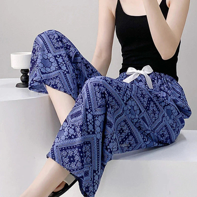 2025 Summer Sleeping Pants Women Thin Bottoms Spring Large Size Home Wear Pants Pajamas Flower Print Loose Cute Beach Trousers