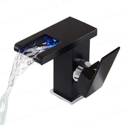 Black Bathroom Sink Faucet Single Hole Cold and Hot Water Mixing Valve Faucet 3 Colors Changing Color Changing Waterfall Faucet