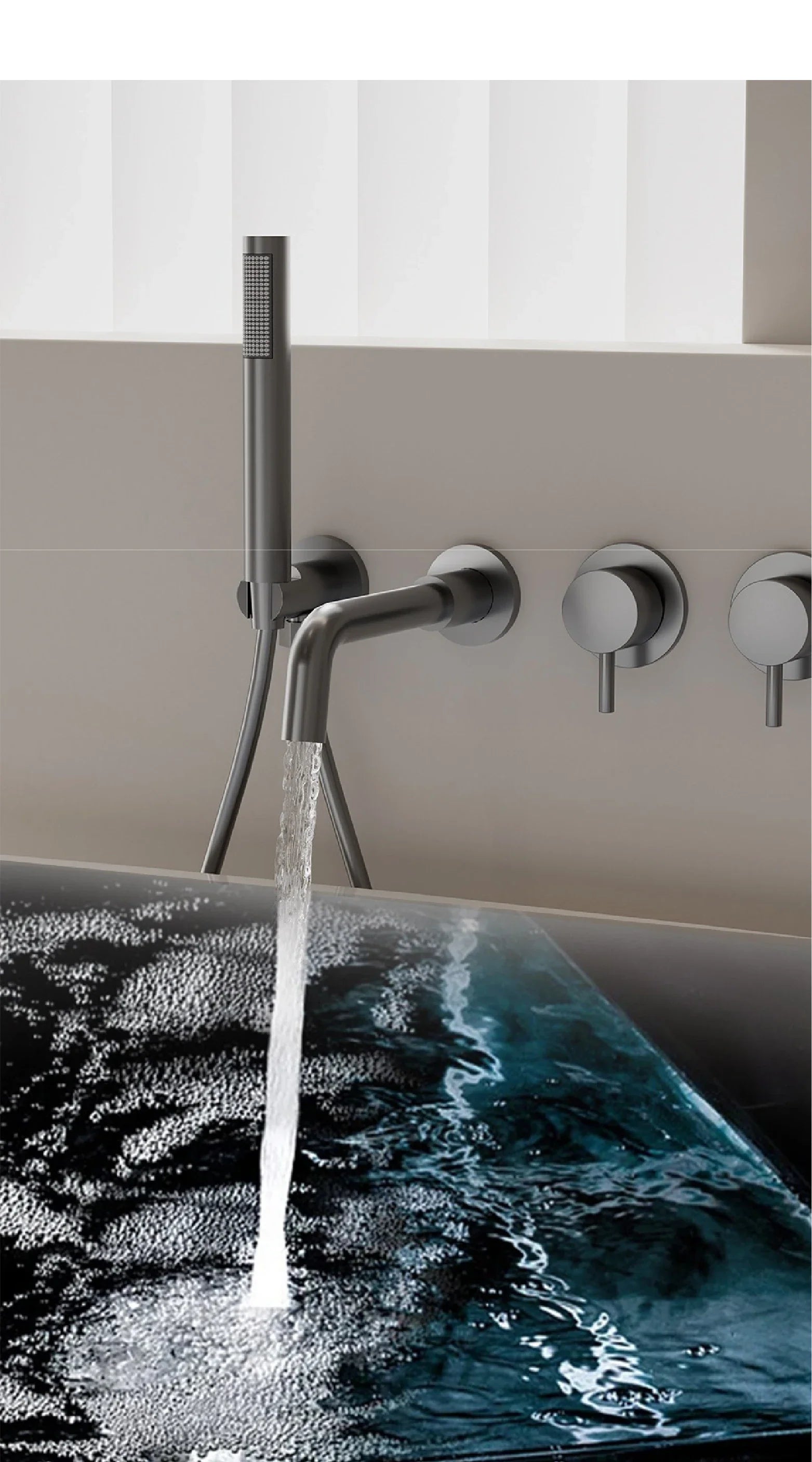 Bathroom Minimalist Gun Gray Brass Wall Mounted Bathtub Faucet with Dual Handles for Hot & Cold Water Dual Function Shower Mixer