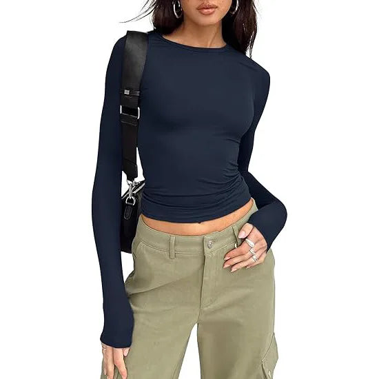 1pcs Four Seasons Fashion Senior Women T-shirt Long Sleeve Crew Neck Solid Slim Fit Tee Ladies Crop Top  Daily Streetwear Camis