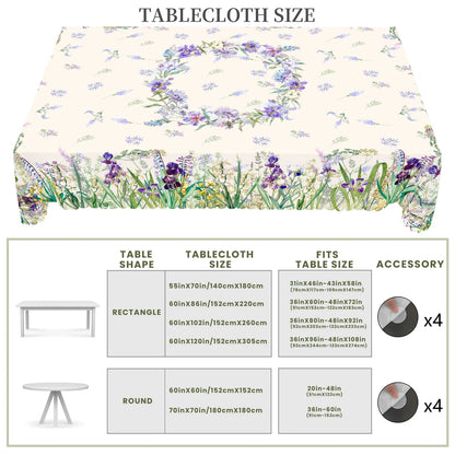 1 Piece of Fresh Spring-Themed Round and Rectangular Tablecloth, Available in Various Sizes, with a Print Featuring Delicate Purple Iris and Vibrant Green Grass, Fine Blue Floral Clusters, and Faintly Patterned Branches and L
