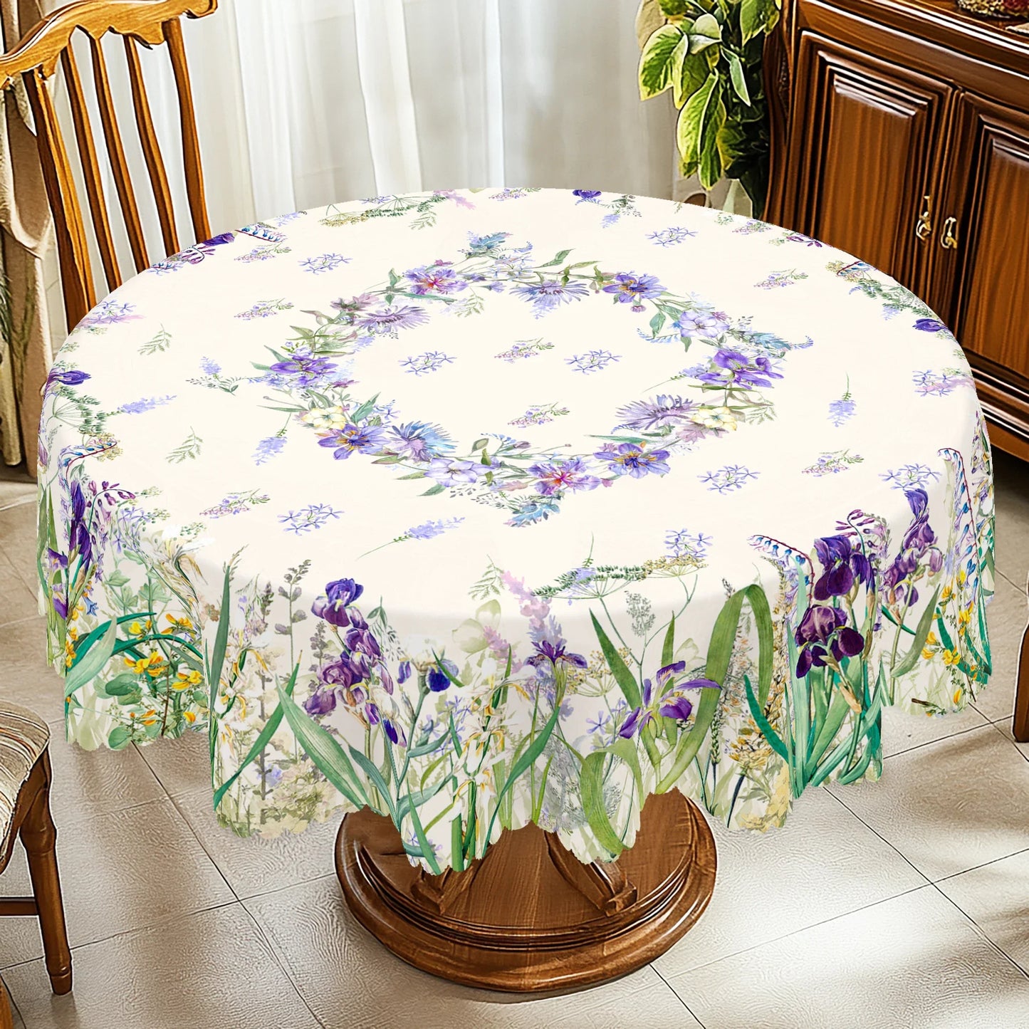 1 Piece of Fresh Spring-Themed Round and Rectangular Tablecloth, Available in Various Sizes, with a Print Featuring Delicate Purple Iris and Vibrant Green Grass, Fine Blue Floral Clusters, and Faintly Patterned Branches and L