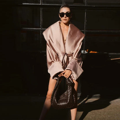 2026 New Women's Glossy Satin Cropped Blazer Oversized Lapel Tie Waist Short Coat Champagne Streetwear Club Night Out Jacket