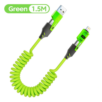 1/2PCS 4-in-1 Spring Data Cable & 65W Quick Charger: 6A USB Type-C Telescopic Wire Compatible with iPhone/iPad/MacBook/Huawei