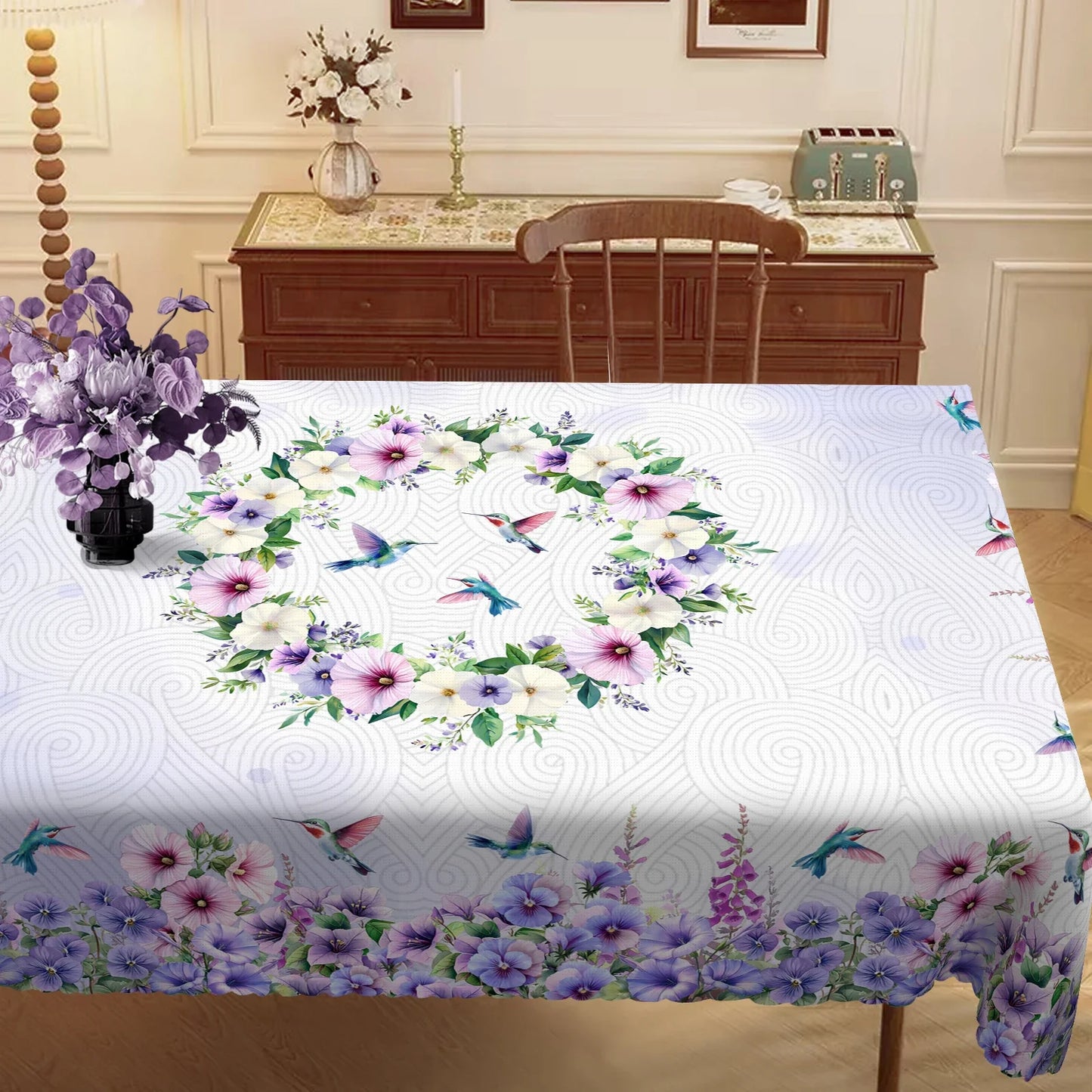 1 Piece, Purple Polyester Tablecloth with Hummingbird and Morning Glory Print + 4 Self-Adhesive Stickers, Pastoral Garden Atmosphere, Embossed Edges, Suitable for Home Kitchen, Living Room Dining Table, Balcony Coffee Table,