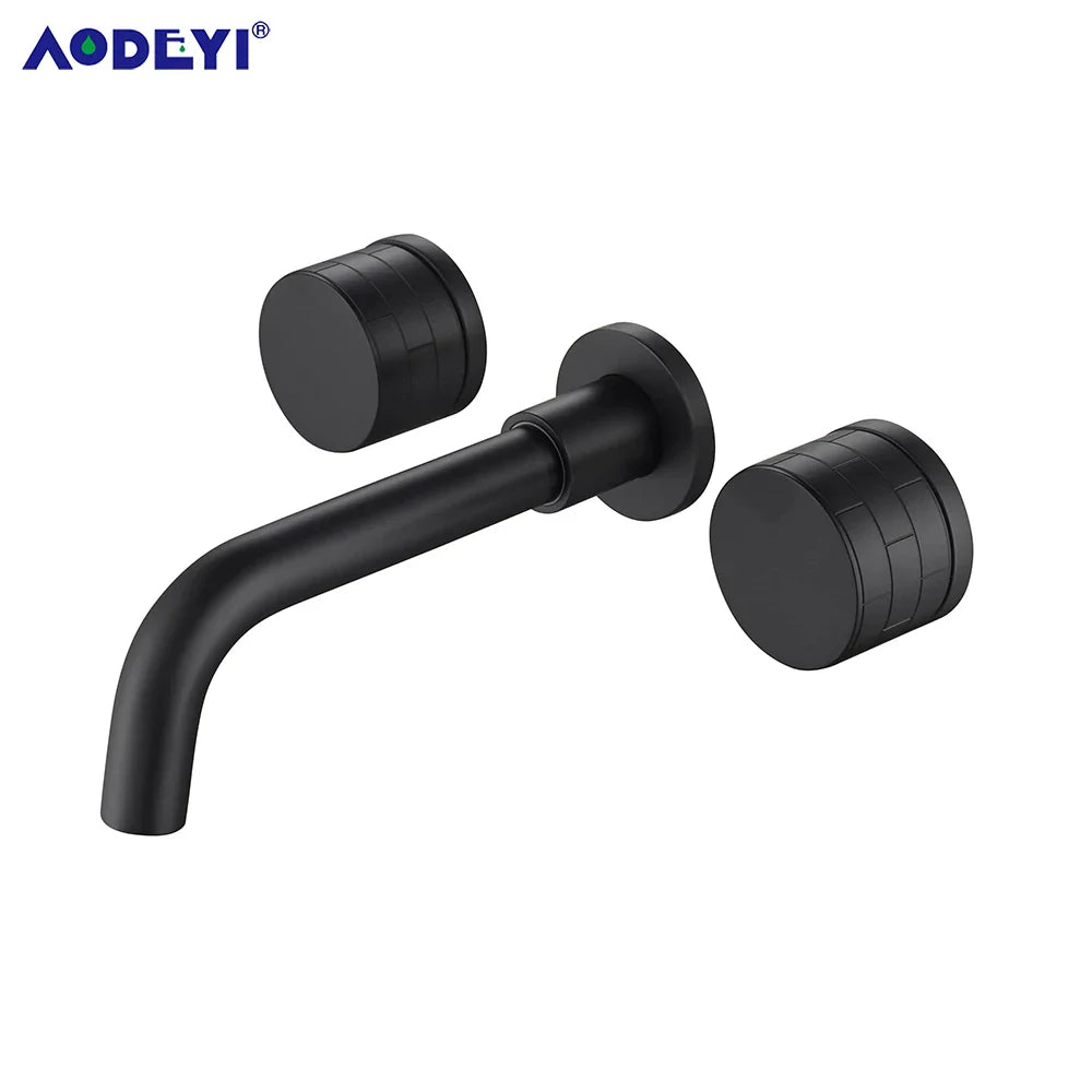 Black Bathroom Faucet Brass Double Lever Wall Mounted Sink Faucets Hot Cold Water Polished Taps Basin Mixer Brushed Gold Tap Set