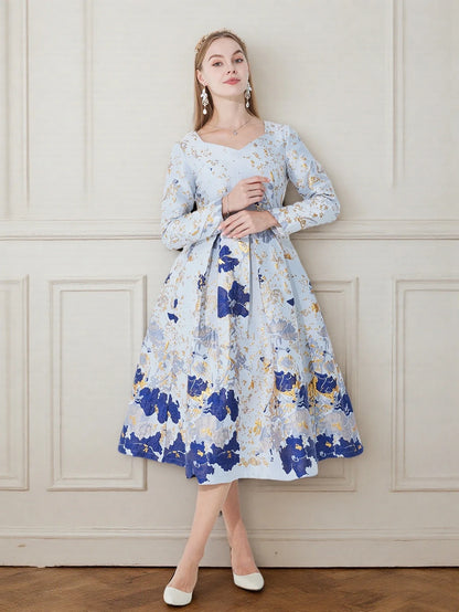 DEVCHATA Women's Luxury Fall Winter Long Maxi Dresses New Jacquard Party Fashion Long Sleeve Dress Lady Evening Clothing