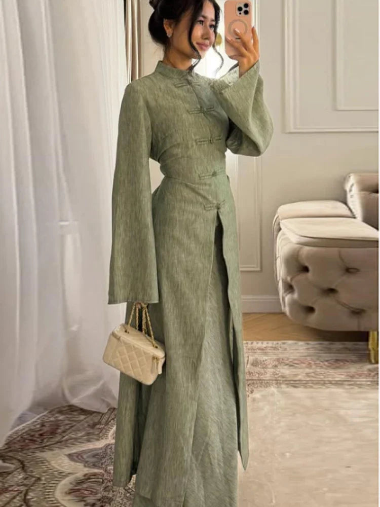 Chinese Style Frog Button Two Piece Set Long Flared Sleeve Ruched Waist Traditional Oriental Outline Sets Spring Picnic Outfit