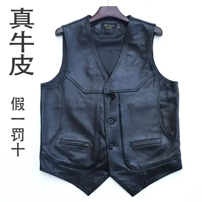 2024 Men Spring Autumn New Genuine Leather Motorcycle Vest Mens Real Cowhide Leather Waistcoat Male V-neck Sleeveless Coat D412