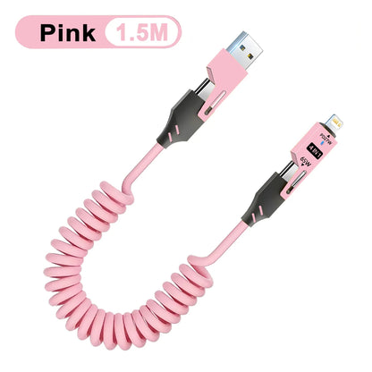 1/2PCS 4-in-1 Spring Data Cable & 65W Quick Charger: 6A USB Type-C Telescopic Wire Compatible with iPhone/iPad/MacBook/Huawei