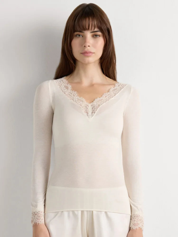 Absobe Long Sleeve Lace Trim T-shirt Women Sexy Low Cut V-Neck Patchwork Versatile Slim Female Top Solid Color Casual Streetwear