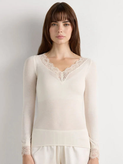 Absobe Long Sleeve Lace Trim T-shirt Women Sexy Low Cut V-Neck Patchwork Versatile Slim Female Top Solid Color Casual Streetwear