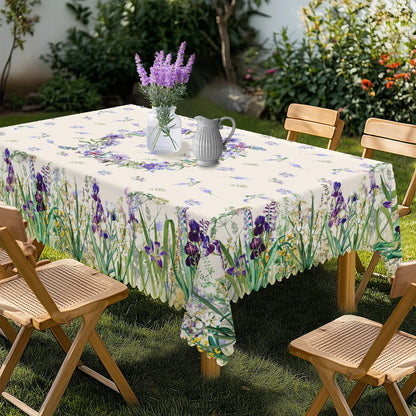 1 Piece of Fresh Spring-Themed Round and Rectangular Tablecloth, Available in Various Sizes, with a Print Featuring Delicate Purple Iris and Vibrant Green Grass, Fine Blue Floral Clusters, and Faintly Patterned Branches and L