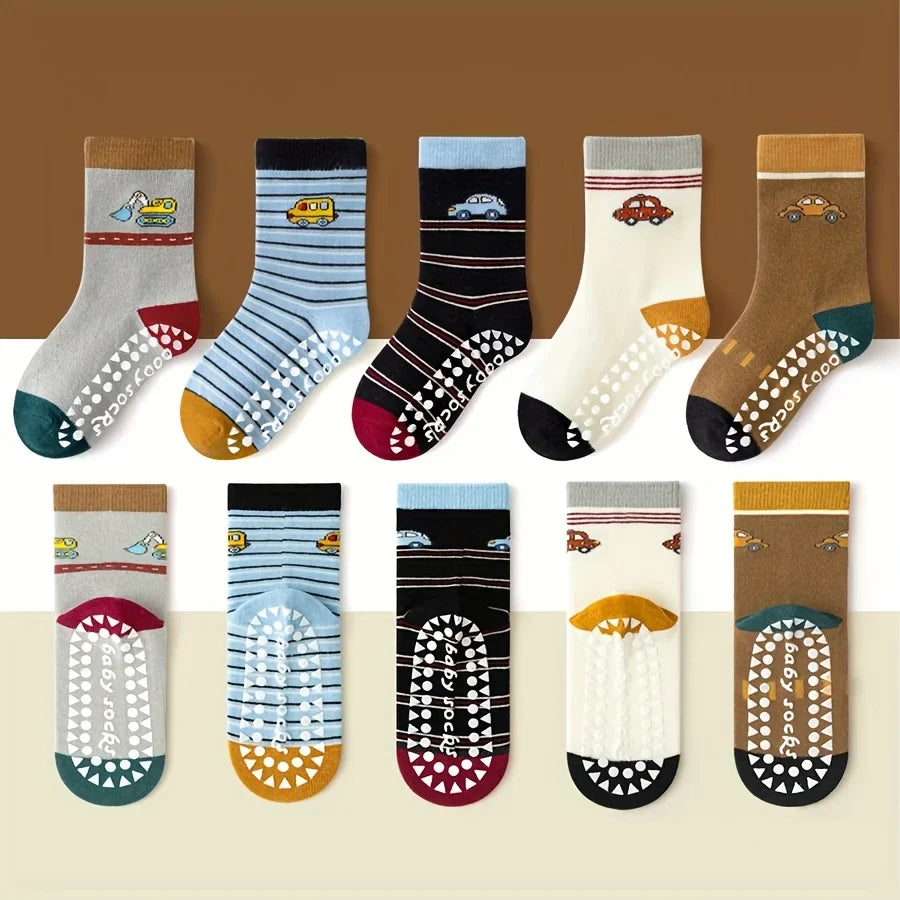 5 Pairs of Children's Floor Socks with Cartoon Stripes and Car Patterns, Adhesive Dots, for Boys and Girls, Baby Toddler Soft-Soled Indoor Non-Slip Japanese-Style Versatile Mid-Calf Socks, Suitable for Casual Daily Life