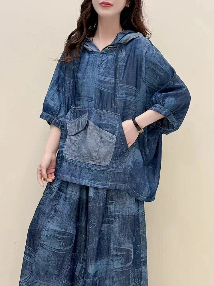 AmaxluluE Summer Fashion Clothes 2025 Women Denim Hooded Blouses Casual Big Size Printed Shirts Ladies Loose Vintage O Neck Tops