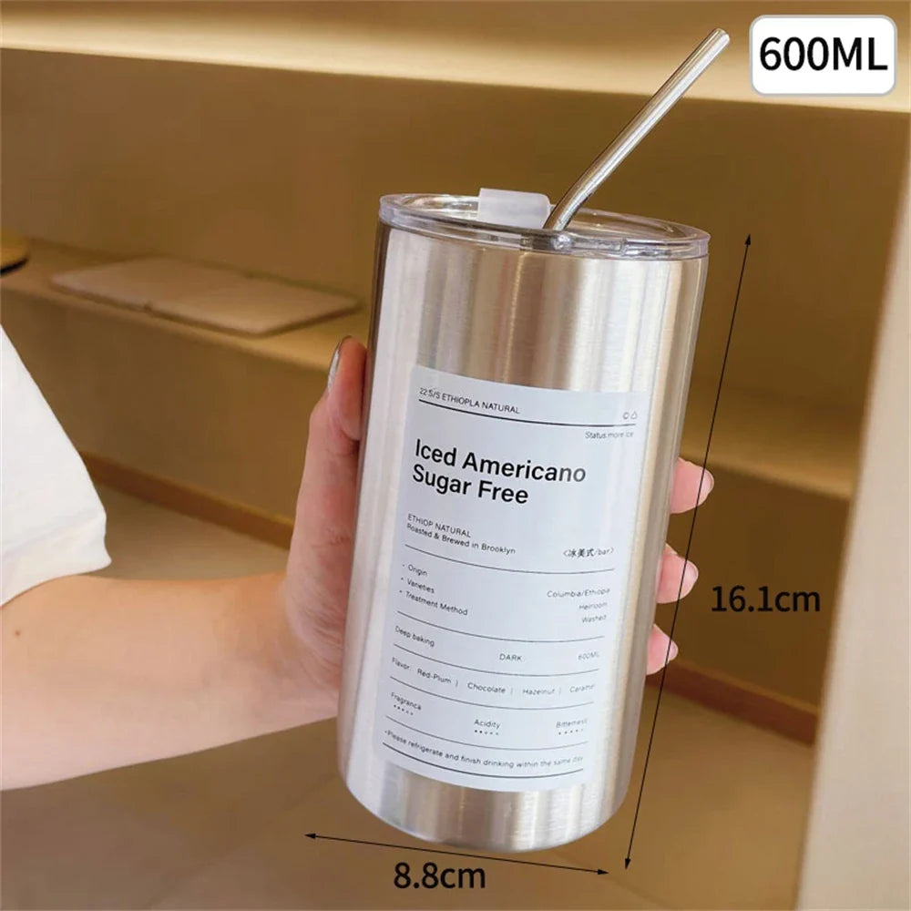 600ml Thermos Portable Stainless Steel Coffee Cup Thermos Bottle with Straw Insulation Drinkware Does Not Contain BPA