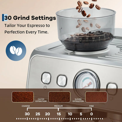 20 Bar Stainless Steel Espresso Machine With Grinder & Milk Frother 2.8L Removable Tank Adjustable Shot Volume For Home Office