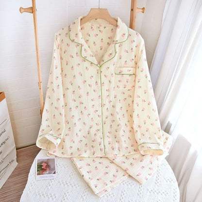 2023 Winter Women's Long Sleeved Pants Pajamas 100% Cotton Tulip Printing Home Service Set Simple Comfortable Pajamas Set